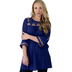 Umgee Blue Tan Embroidered Boho Lightweight Cotton Blend Tunic Top Size Large